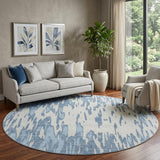 8' Denim Blue And Ivory Abstract Washable Round Rug With UV Protection
