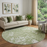 8' Artichoke Green And Ivory Abstract Washable Round Rug With UV Protection