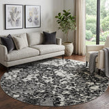 8' Black And Ivory Abstract Washable Round Rug With UV Protection