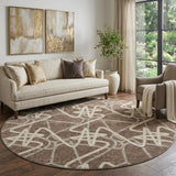 8' Brown And Ivory Geometric Washable Round Rug With UV Protection