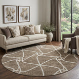 8' Brown And Ivory Geometric Washable Round Rug With UV Protection