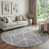 8' Gray Gold And Ivory Geometric Washable Round Rug With UV Protection