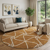 8' Rust And Ivory Geometric Washable Round Rug With UV Protection
