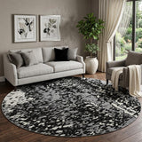 8' Black Gray And Ivory Abstract Washable Round Rug With UV Protection