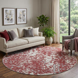 8' Burgundy Ivory And Gray Abstract Washable Round Rug With UV Protection