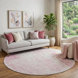 8' Pink And Ivory Abstract Washable Round Rug With UV Protection
