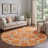 8' Orange Ivory And Gray Geometric Washable Round Rug With UV Protection