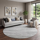 8' Gray And Silver Striped Washable Round Rug With UV Protection