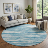 8' Teal And Ivory Striped Washable Round Rug With UV Protection