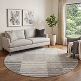8' Beige Ivory And Gray Striped Washable Round Rug With UV Protection
