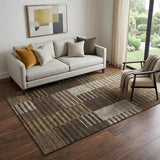 5' X 8' Chocolate Beige And Gold Striped Washable Area Rug With UV Protection