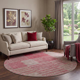 8' Burgundy And Gray Striped Washable Round Rug With UV Protection