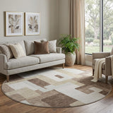 8' Brown Ivory And Beige Geometric Washable Round Rug With UV Protection