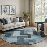 8' Sky Blue And Gray Geometric Washable Round Rug With UV Protection