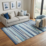 5' X 8' Blue Ivory And Gray Striped Washable Area Rug With UV Protection
