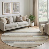 8' Ivory Gray And Beige Striped Washable Round Rug With UV Protection