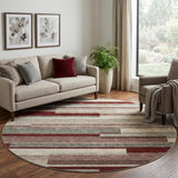 8' Merlot Gray And Beige Striped Washable Round Rug With UV Protection