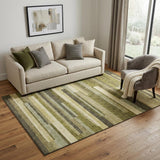 5' X 8' Olive Green Ivory And Beige Striped Washable Area Rug With UV Protection