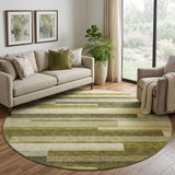 8' Olive Green Ivory And Beige Striped Washable Round Rug With UV Protection