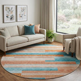 8' Orange Teal And Peach Striped Washable Round Rug With UV Protection