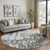8' Gray Ivory And Silver Abstract Washable Round Rug With UV Protection