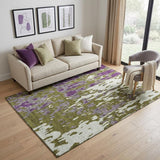 5' X 8' Olive Green Purple And Ivory Abstract Washable Area Rug With UV Protection