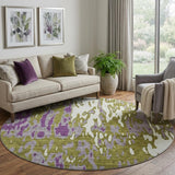 8' Olive Green Purple And Ivory Abstract Washable Round Rug With UV Protection