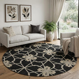8' Black Khaki And Beige Geometric Washable Round Rug With UV Protection