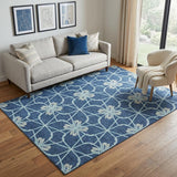 5' X 8' Navy Blue Ivory And Gray Geometric Washable Area Rug With UV Protection