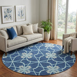 8' Navy Blue Ivory And Gray Geometric Washable Round Rug With UV Protection