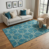 5' X 8' Teal Beige And Copper Geometric Washable Area Rug With UV Protection