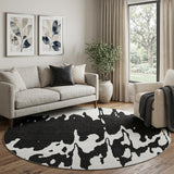 8' Black And Ivory Abstract Washable Round Rug With UV Protection