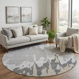 8' Gray And Silver Abstract Washable Round Rug With UV Protection