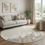 8' Ivory Beige And Khaki Abstract Washable Round Rug With UV Protection