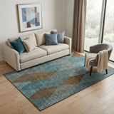 5' X 8' Teal And Brown Geometric Washable Area Rug With UV Protection