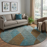 8' Teal And Brown Geometric Washable Round Rug With UV Protection