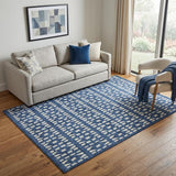 5' X 8' Navy Blue And Ivory Geometric Washable Area Rug With UV Protection