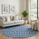 8' Navy Blue And Ivory Geometric Washable Round Rug With UV Protection