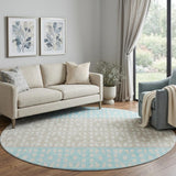 8' Teal Beige And Ivory Geometric Washable Round Rug With UV Protection