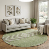 8' Green Taupe And Ivory Southwestern Washable Round Rug With UV Protection