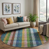 8' Navy Blue Green And Gold Plaid Washable Round Rug With UV Protection