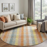 8' Peach Ivory And Yellow Plaid Washable Round Rug With UV Protection
