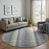 8' Pewter Gray And Green Plaid Washable Round Rug With UV Protection