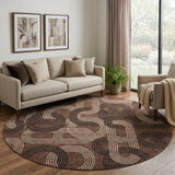 8' Chocolate Black And Beige Geometric Washable Round Rug With UV Protection