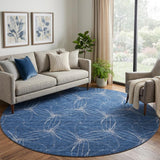 8' Navy Blue And Ivory Geometric Washable Round Rug With UV Protection