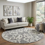 8' Gray And Ivory Damask Washable Round Rug With UV Protection