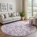 8' Purple And Ivory Damask Washable Round Rug With UV Protection