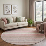 8' Pink Burgundy And Ivory Striped Washable Round Rug With UV Protection