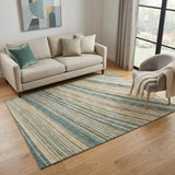 5' X 8' Beige Gold And Sage Striped Washable Area Rug With UV Protection