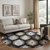 8' Black Ivory And Gray Southwestern Washable Round Rug With UV Protection